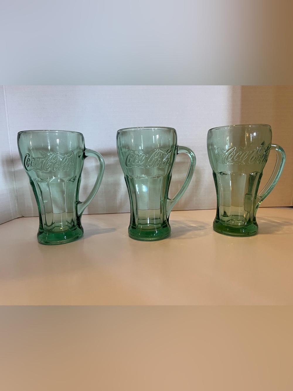 Coca Cola Vintage Libby Green Glass Mug Set with Embossed Script - Set of 3